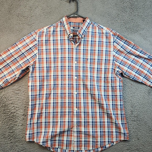 IZOD Premium Essentials Shirt Mens Large Orange Blue Plaid Button Down Casual - Picture 1 of 8